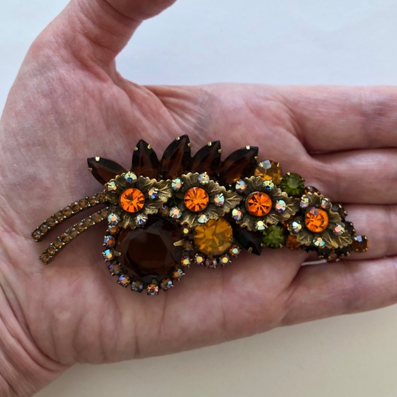 Juliana Rhinestone Brooch & Earrings, Floral Leaf Design, Fall Colors, Vintage - Picture 7 of 13